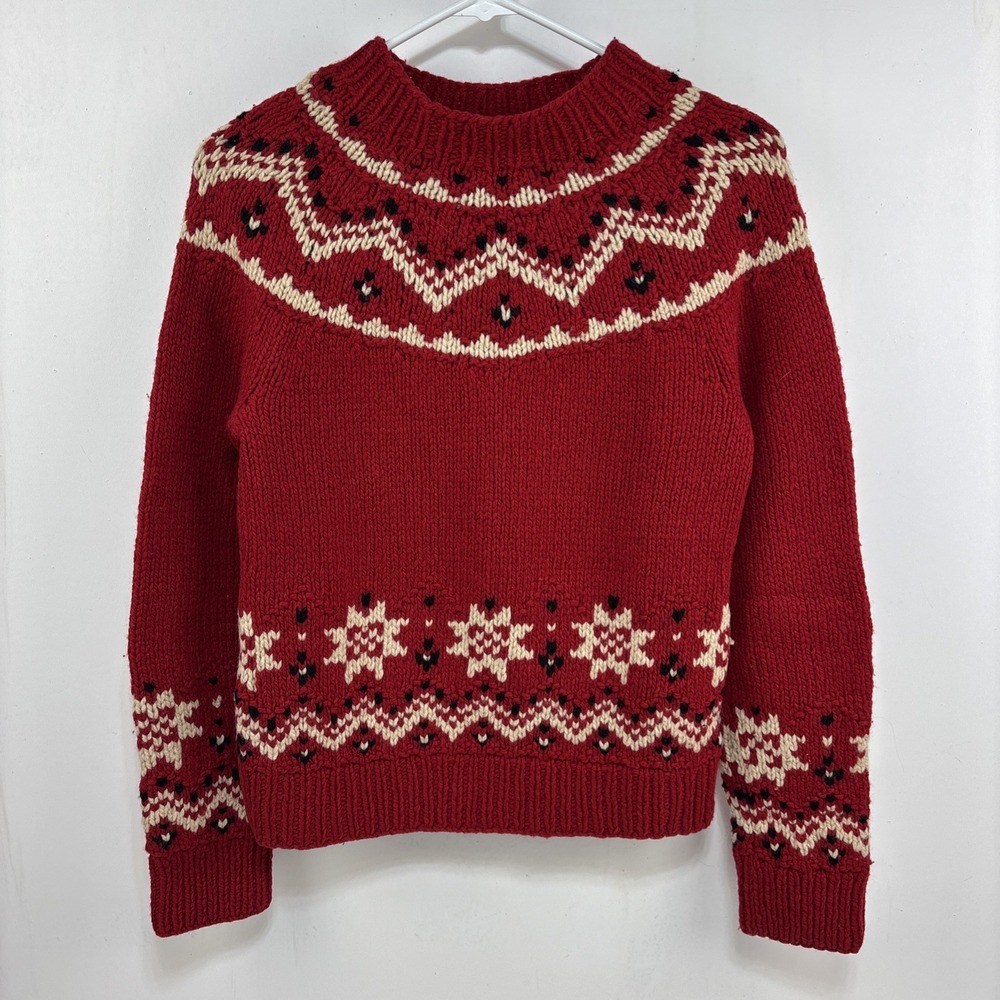 Vtg J. Crew Sweater Womens M Red Fair‎ Isle Handknit Wool Cashmere Chunky Knit